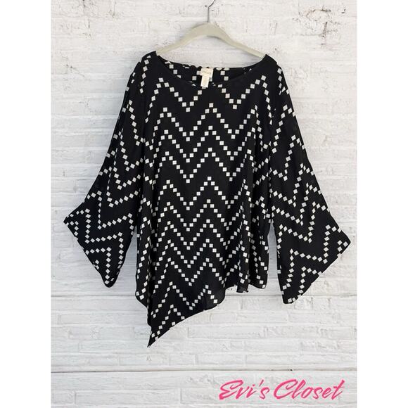 Chico's Geometric Chevron Side Tie Blouse Top Black White Palette Blousy Sz 3XL - Picture 5 of 16